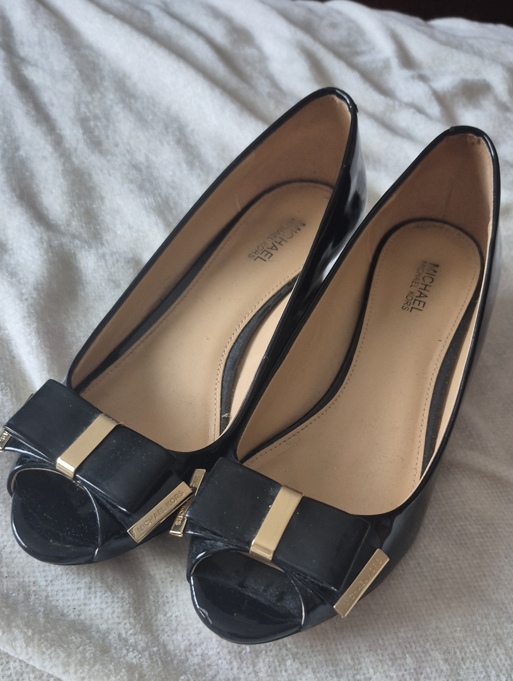 Michael Kors Black Patent Peep-Toe Flats with Gold Bow Accents